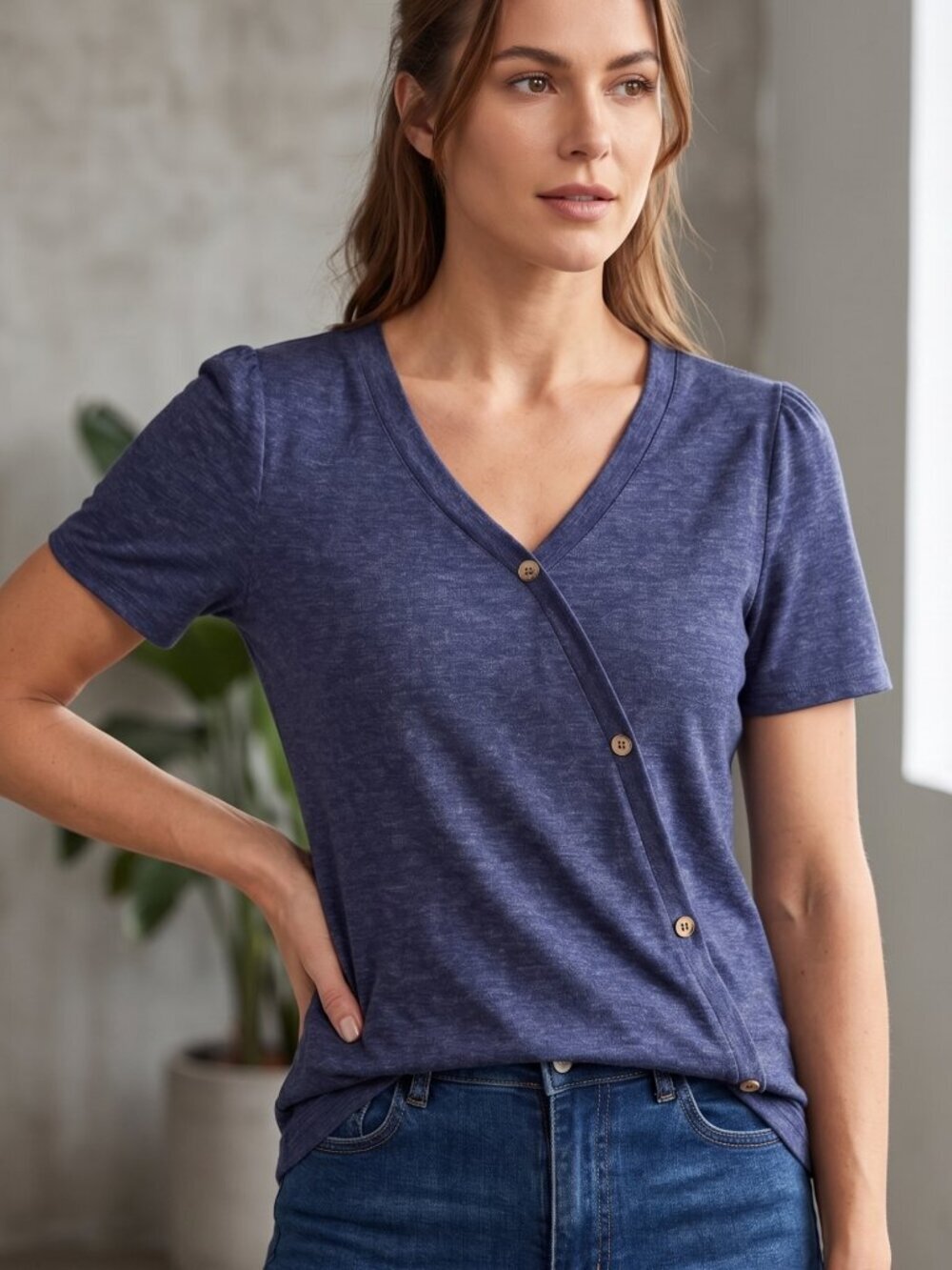 NWOT | Heather Navy Asymmetrical Button Accent Puff Sleeve V-Neck Top | Small
